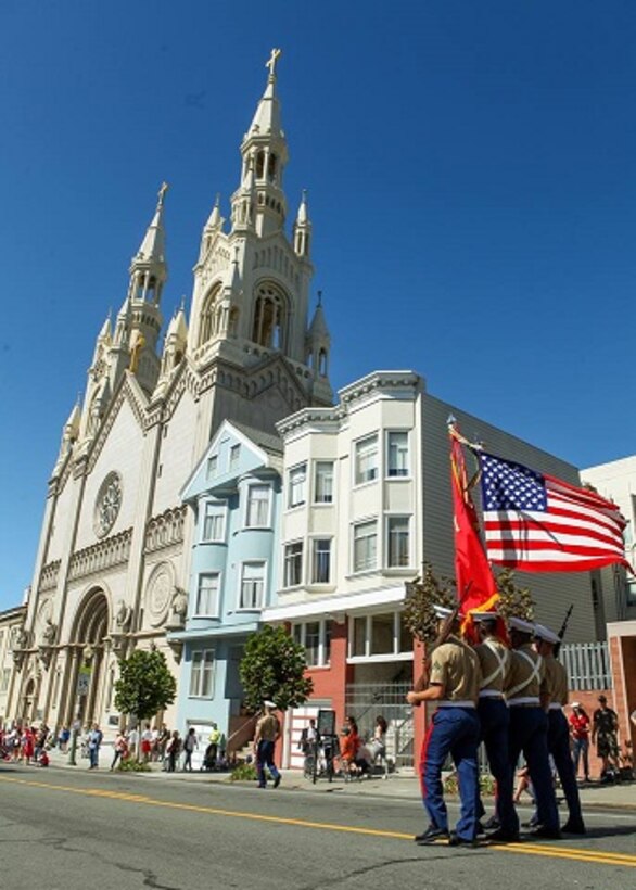 Marines and Sailors with 1st Marine Logistics Group and the 1st Marine Division band during San Francisco Fleet Week.