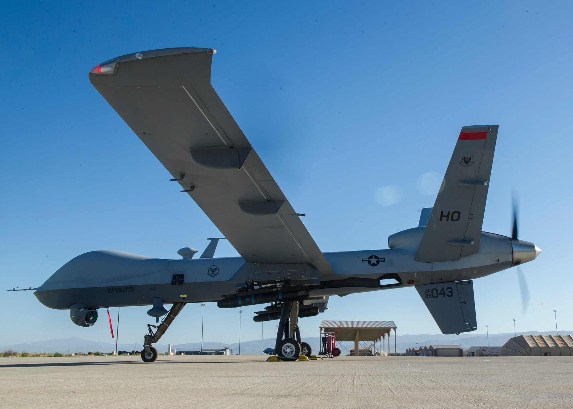 An MQ-9 Reaper sits on the flight line prior to takeoff at Holloman Air Force Base, N.M., Oct. 13, 2015. The MQ-9 Reaper is an armed, multi-mission, medium-altitude, long-endurance remotely piloted aircraft that is employed primarily against dynamic execution targets and secondarily as an intelligence collection asset. (U.S. Air Force photo by Airman 1st Class Emily A. Kenney/Released) 