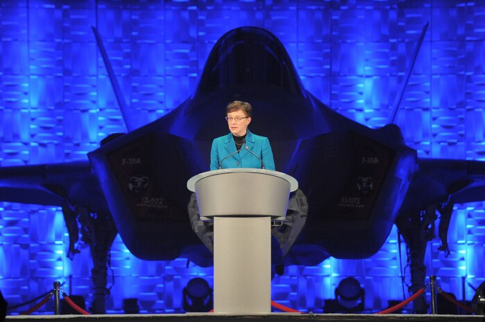 Lorraine Martin, Executive Vice President & General Manager, F-35 Program, Lockheed Martin Aeronautics, speaks during an F-35A Lightning II aircraft unveiling ceremony Oct. 14 at Hill Air Force Base, Utah. The ceremony formally marked the beginning of F-35 operations at Hill, and recognized the teamwork between the 388th and 419th Fighter Wings, 75th Air Base Wing, Lockheed Martin and other partners who helped make the transition successful.  (U.S. Air Force photo by Todd Cromar /Released)