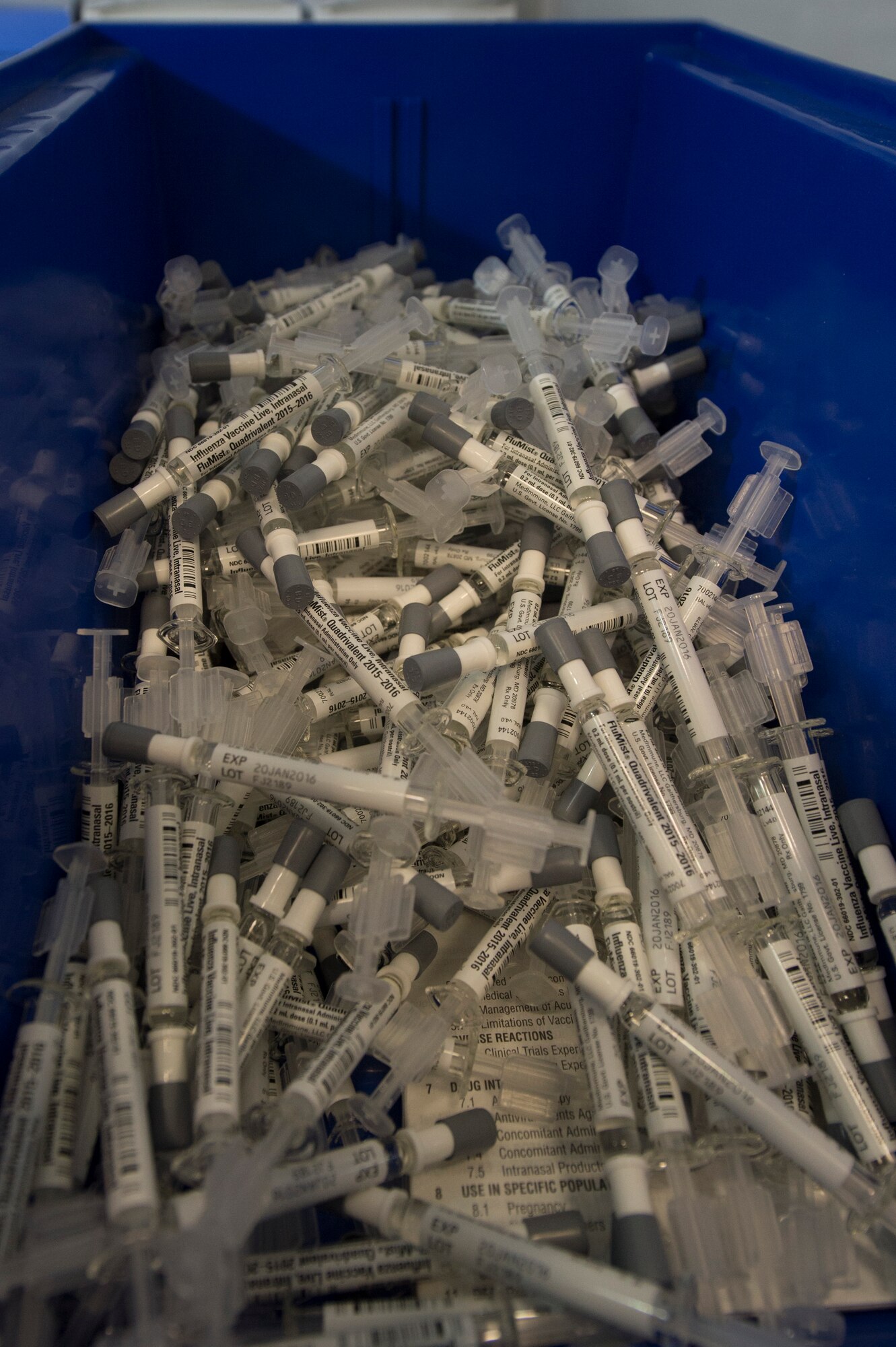 Flu mist applicators are placed in a medical refrigerator at the 52nd Medical Group at Spangdahlem Air Base, Germany, Oct. 7, 2015. The Influenza vaccine is administered to the Spangdahlem community every year in a mist or an injectable shot. (U.S. Air Force photo by Staff Sgt. Christopher Ruano/Released)