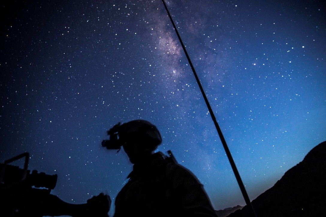 ARTA RANGE FACILITY, Djibouti (Oct. 6, 2015) A U.S. Marine, with the 15th Marine Expeditionary Unit’s Force Reconnaissance Detachment, provides security during a desert survival and tactics course alongside the French 5th Overseas Combined Arms Regiment (RIAOM). Elements of the 15th MEU trained with the 5th RIAOM in Djibouti in order to improve interoperability between the MEU and the French military. (U.S. Marine Corps photo by Sgt. Emmanuel Ramos/Released)