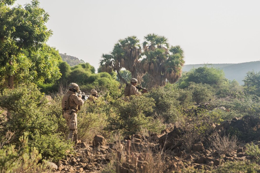 ARTA RANGE FACILITY, Djibouti (Oct. 7, 2015) U.S. Marines, with the 15th Marine Expeditionary Unit’s Force Reconnaissance Detachment, clear a simulated enemy stronghold during a desert survival and tactics course alongside the French 5th Overseas Combined Arms Regiment (RIAOM). Elements of the 15th MEU trained with the 5th RIAOM in Djibouti in order to improve interoperability between the MEU and the French military. (U.S. Marine Corps photo by Sgt. Emmanuel Ramos/Released)