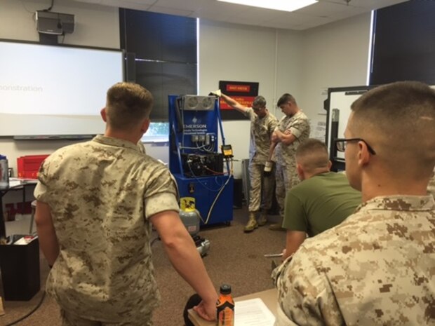 Marines attending Basic Refrigeration/Air Conditioning Technician's course 6-15 watch a demonstration by an instructor, Sgt Nathan Blackburn; on how to properly recover and charge refrigerants on a Emerson Trainer.  aboard Camp Lejeune, N.C. on October 9, 2015.
