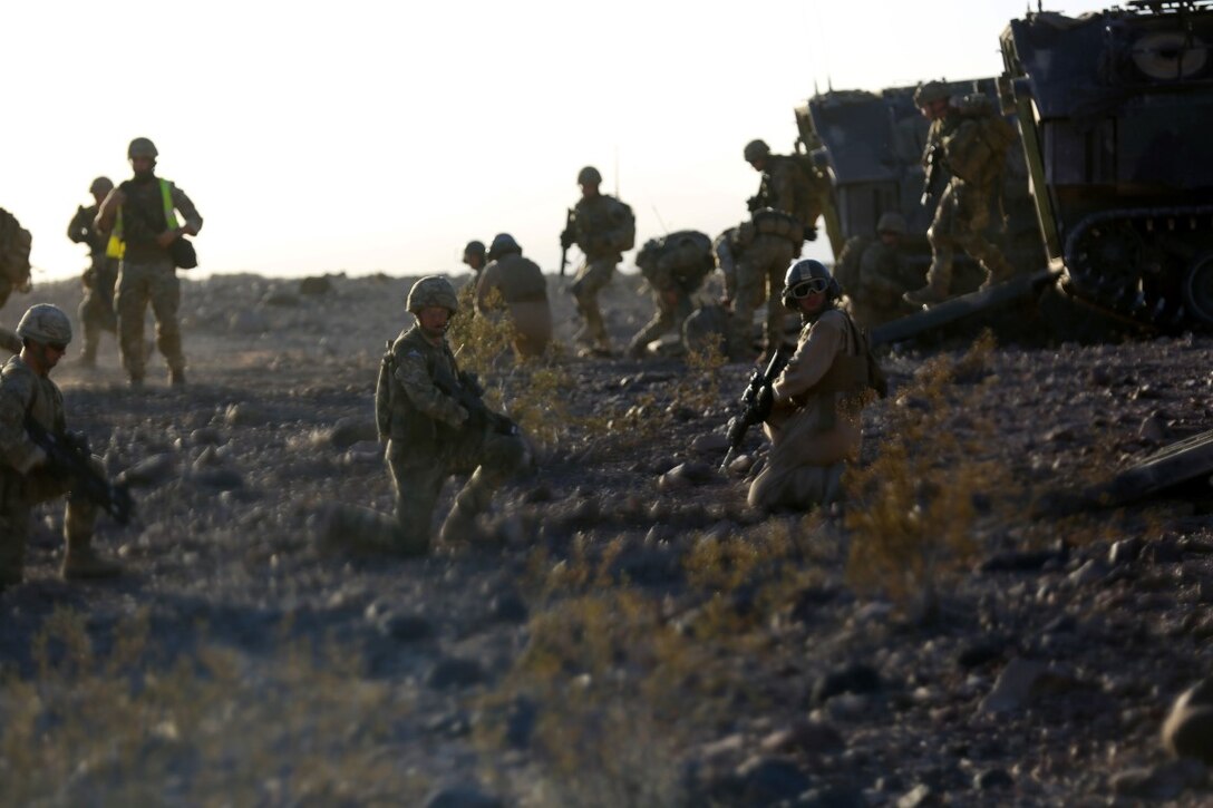 British Royal Marines with 42 Commando Group exit amphibious assault vehicles with 3rd Assault Amphibian Battalion, 1st Marine Division during Exercise Black Alligator 2015 aboard Marine Air Ground Combat Center Twentynine Palms, Calif., Oct. 1, 2015. The joint exercise allowed the British to employ 3rd AA Bn., integrating them into their own scheme of maneuver to transport ground forces.     (U.S.Marine Corps photo by Cpl. Demetrius Morgan/RELEASED)