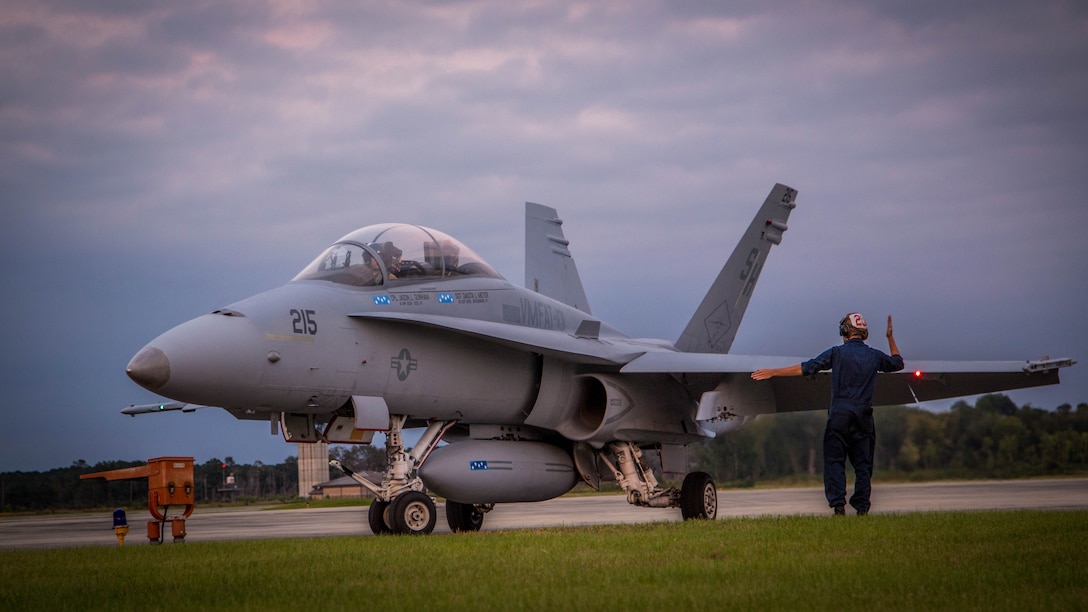 An F/A-18D Hornet from Marine Fighter Attack Training Squadron 101 prepares for take-off at Marine Corps Air Station Beaufort, S.C., Oct. 13. VMFAT-101 is a training squadron for Marine Corps and Navy students who are learning to pilot F-18s. The squadron is based out of Marine Corps Air Station Miramar under the command of Marine Aircraft Group 11.