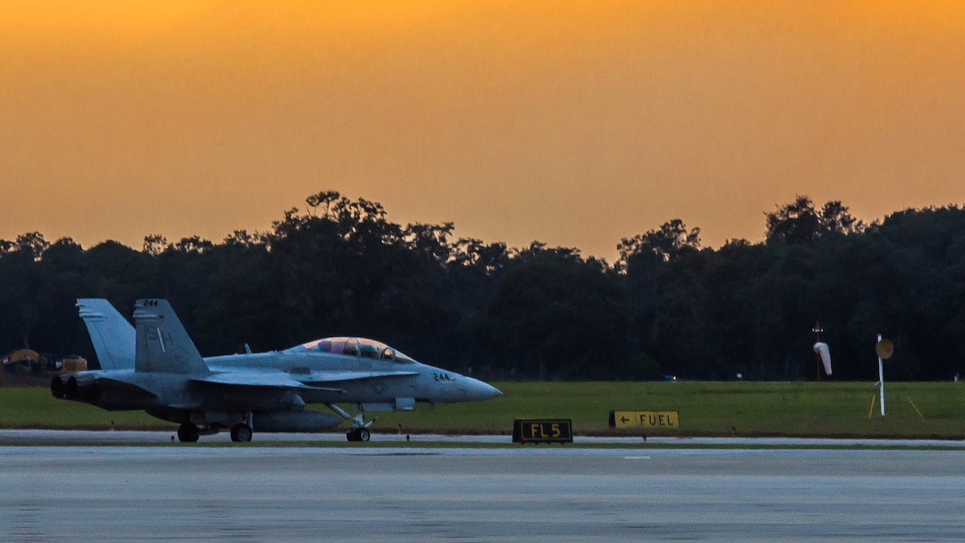 An F/A-18D Hornet from Marine Fighter Attack Training Squadron 101 prepares for take-off Oct. 13 at Marine Corps Air Station Beaufort, S.C. VMFAT-101 is a training squadron for Marine Corps and Navy students who are training in Beaufort to prepare for their culminating event of landing aboard an aircraft carrier. The squadron is based out of Marine Corps Air Station Miramar under the command of Marine Aircraft Group 11.
