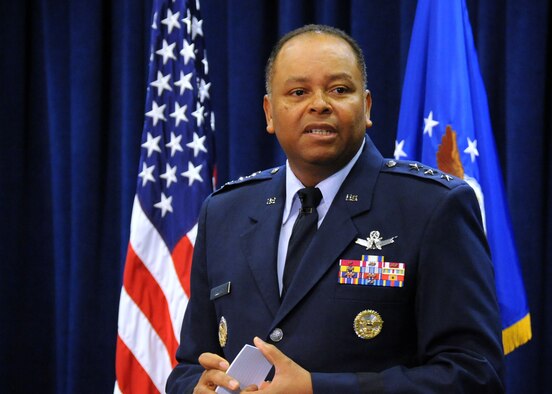 Lt. Gen. Samuel Greaves, the Space and Missile Systems Center commander and Air Force program executive officer for Space, addresses the audience at the stand-up of the new Launch Systems Enterprise Directorate Oct. 14, 2015, at Los Angeles Air Force Base, Calif. (U.S. Air Force photo/Van De Ha)