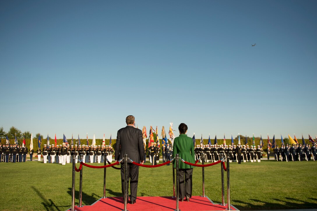 U.S. Defense Secretary Ash Carter stands with South Korean President Park Geun-hye as he welcomes her to the Pentagon with an honor cordon and parade, Oct. 15, 2015. DoD photo by U.S. Air Force Senior Master Sgt. Adrian Cadiz