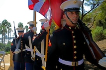 The 1st Marine Division Color Guard marches in during Park Semper Fi’s 10th anniversary ceremony at San Clemente, Calif., Oct. 11, 2015. Park Semper Fi was built to pay tribute to the Corps' honor, courage and commitment in service to the United States.