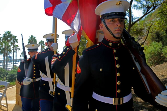 The 1st Marine Division Color Guard marches in during Park Semper Fi’s 10th anniversary ceremony at San Clemente, Calif., Oct. 11, 2015. Park Semper Fi was built to pay tribute to the Corps' honor, courage and commitment in service to the United States.