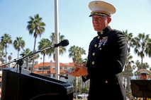Lieutenant Col. Edward W. Powers, commanding officer of Marine Light Attack Helicopter Squadron 469, 3rd Marine Aircraft Wing, speaks on behalf his unit during Park Semper Fi’s 10th anniversary ceremony at San Clemente, Calif., Oct. 11, 2015. The ceremony paid tribute to Marines with HMLA 469 who gave their lives during a humanitarian mission in Nepal, May 12, 2015.