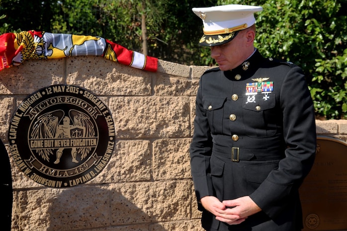 Lieutenant Col. Edward W. Powers, commanding officer of Marine Light Attack Helicopter Squadron 469, 3rd Marine Aircraft Wing, stands in front of the memorial during Park Semper Fi’s 10th anniversary ceremony at San Clemente, Calif., Oct. 11, 2015. The ceremony paid tribute to Marines with HMLA 469 who gave their lives during a humanitarian mission in Nepal, May 12, 2015.