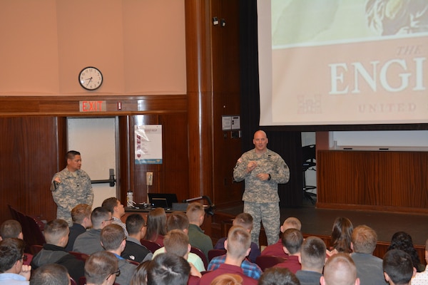 MINNEAPOLIS -- Col. Dan Koprowski, St. Paul District commander, speaks at the University of Minnesota’s Reserve Officer’s Training Corps, or ROTC, Leadership Lecture Series Oct. 14.
