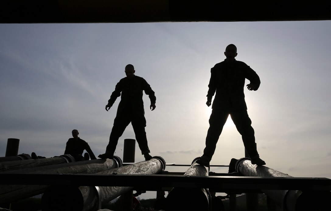 Recruits of Alpha Company, 1st Recruit Training Battalion, walk across high logs during Obstacle Course II at Marine Corps Recruit Depot San Diego, Oct. 8. This obstacle incorporates the speed, balance and agility needed to quickly complete the course. The course simulated the dangerous terrain Marines face in combat. Today, all males recruited west of the Mississippi are trained at MCRD San Diego. The depot is responsible for training more than 16,000 recruits annually. Alpha Company is scheduled to graduate Dec. 18.