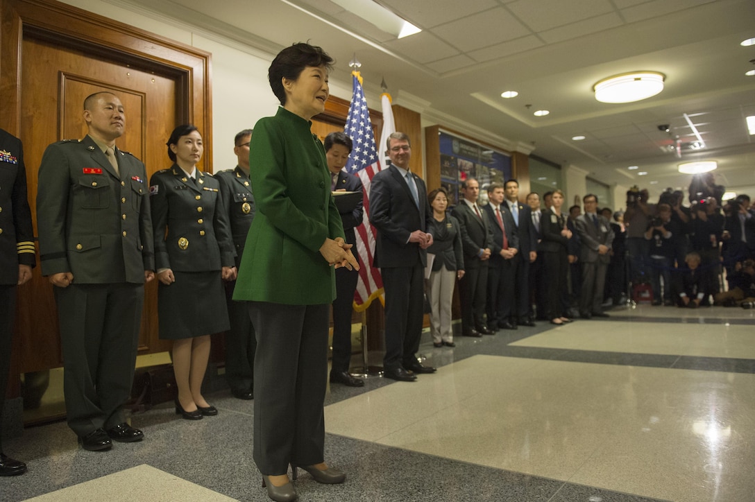 South Korean President Park Geun-hye delivers remarks as she visits the Pentagon to meet with U.S. Defense Secretary Ash Carter, Oct. 15, 2015. DoD photo by U.S. Air Force Senior Master Sgt. Adrian Cadiz