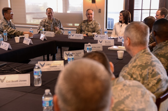 Air Force Chief of Staff Gen. Mark A. Welsh III and his wife Betty attend a Team Hill mission briefing at Hill Air Force Base, Utah, Thursday, Oct. 15, 2015. The briefing was given by Airman 1st Class Shawn Gaines, 75th Security Forces Squadron, and Airman 1st Class Conner Whetstone, 75th Air Base Wing. (U.S. Air Force photo by R. Nial Bradshaw/Released)