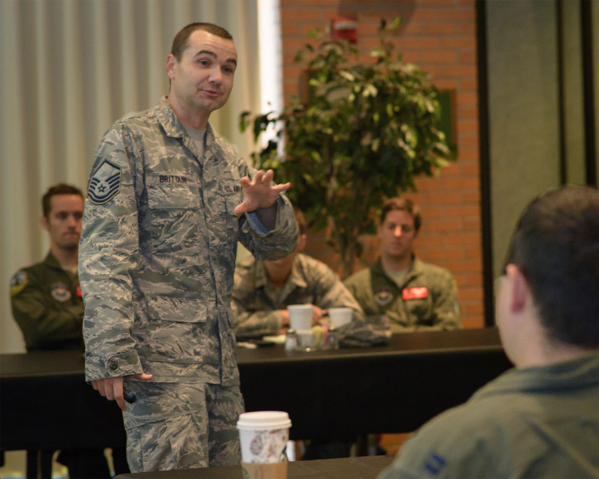 Master Sgt. Torry Brittain, a Vance Equal Opportunity counselor, briefs flight commander course students at Vance Air Force Base, Oklahoma, Oct. 1. (U.S. Air Force photo / David Poe)