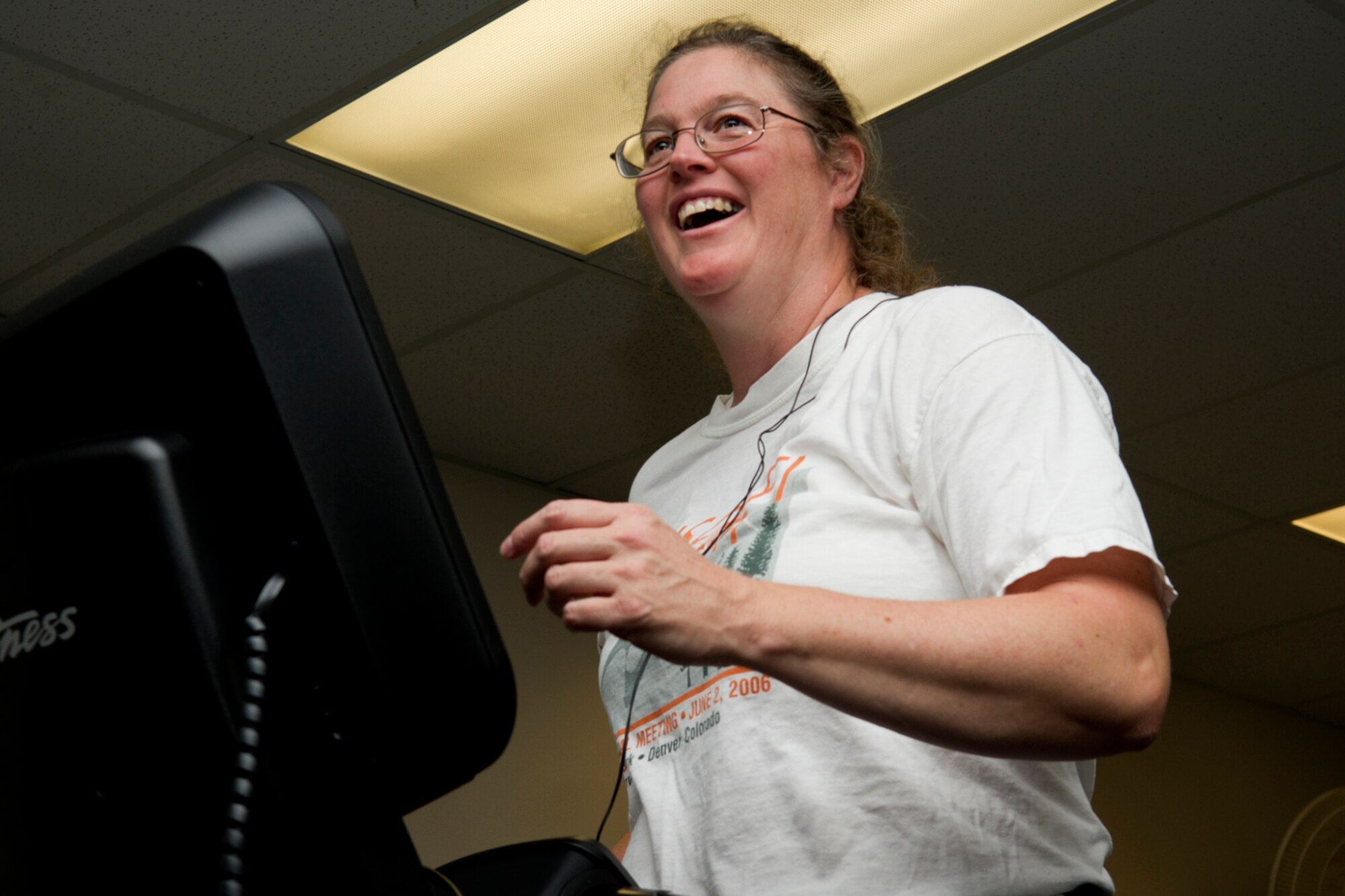 Arletta Eldridge-Thompson, 434th Force Support Squadron exercise physiologist, exercises on a treadmill at the 434th FSS fitness center at Grissom Air Reserve Base, Ind., Oct. 14, 2015. Leading by example, Eldridge Thompson’s major priority as the new exercise physiologist is to address specific components and factors to improve Grissom’s ability to be fit to fight. (U.S. Air Force photo/Senior Airman Katrina Heikkinen)