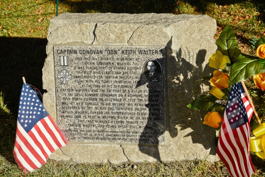 To the right of Medical Lake High School’s main entrance, stands a giant blue spruce tree and a granite memorial for Capt. Donovan K. Walters, United States Air Force, missing in action. A rededication ceremony was held Oct. 15, 2015, at Medical Lake High School in Medical Lake, Wash. to unveil the new plaque, Col. Brian McDaniel, 92nd Air Refueling Wing commander, Chief Master Sgt. Christian Pugh, 92nd ARW command chief, Congresswoman Cathy McMorris Rodgers, U.S. Representative for Washington's 5th congressional district and Lt. Col. (ret.) Lynn Beens, U.S. Air Force, were in attendance during the event. (U.S. Air Force photo/Airman 1st Class Taylor Bourgeous)