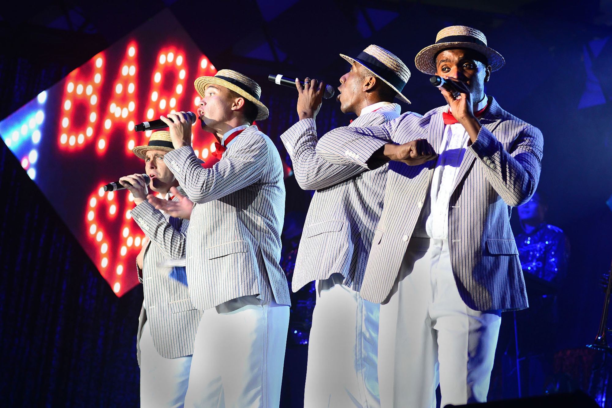 Members of Tops in Blue perform a show at the Hampton Roads Convention Center in Hampton, Va., Oct. 6, 2015. The performance group is one of the oldest and most widely traveled entertainment groups of its kind. (U.S. Air Force photo/Senior Airman Kimberly Nagle)