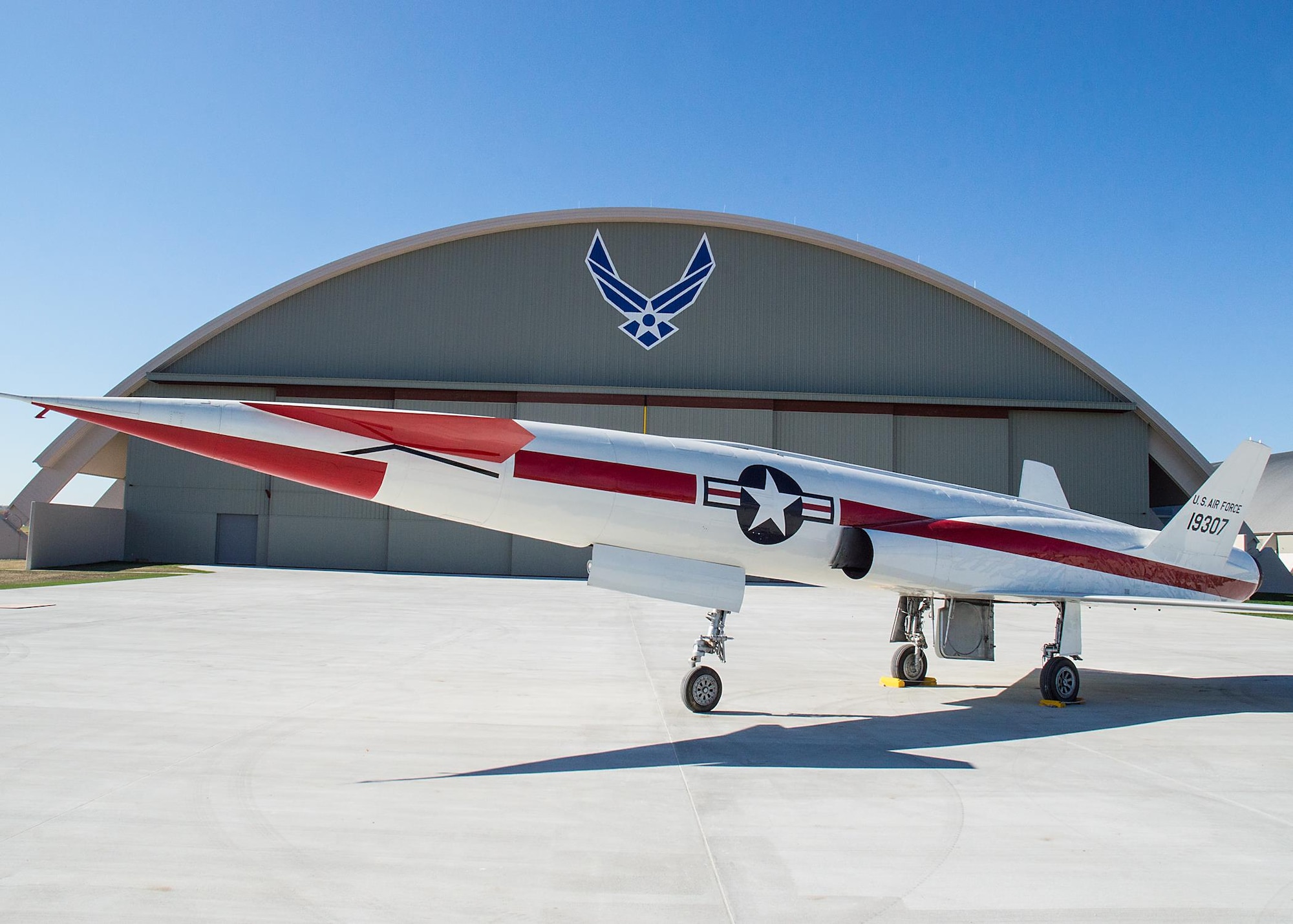 Restoration staff move the North American X-10 into the new fourth building at the National Museum of the U.S. Air Force on Oct. 14, 2015. (U.S. Air Force photo by Ken LaRock)