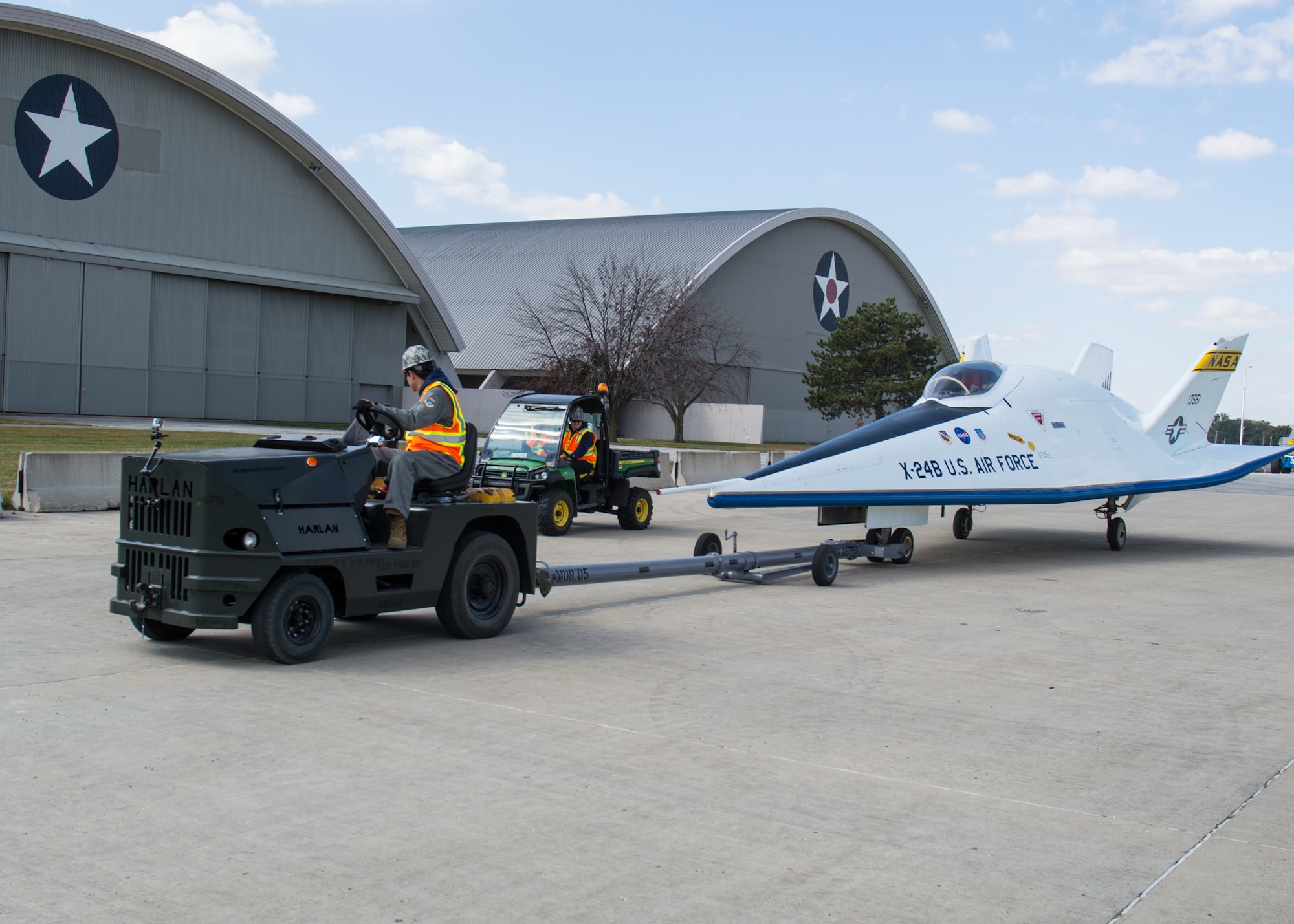 Restoration staff move the Martin X-24B into the new fourth building at the National Museum of the U.S. Air Force on Oct. 14, 2015. (U.S. Air Force photo by Ken LaRock)