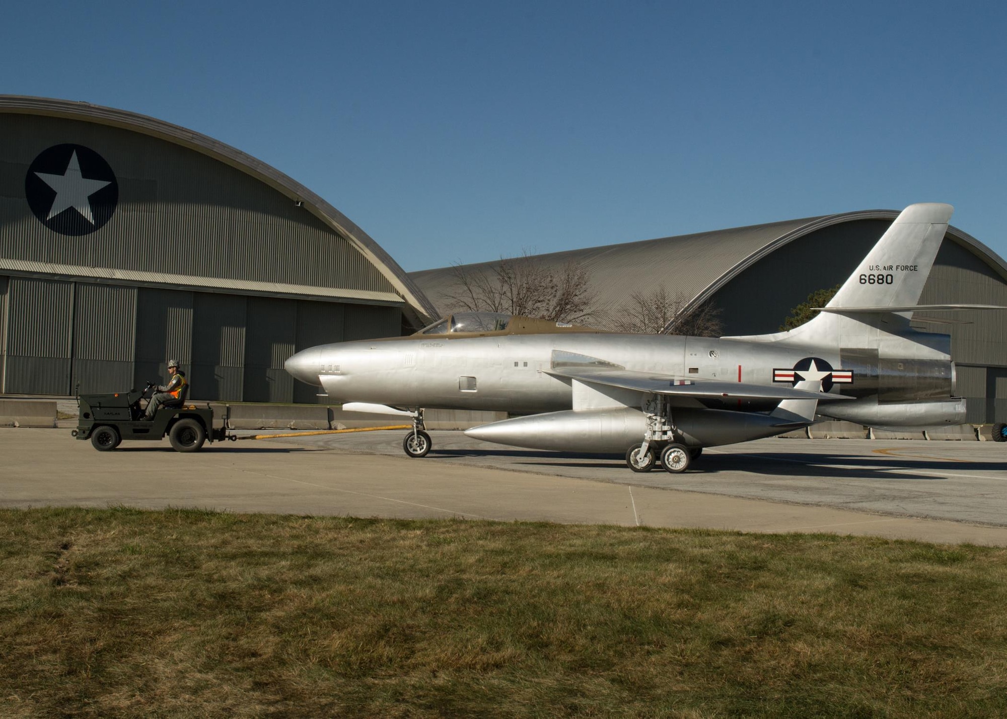 Restoration staff move the Republic XF-91 Thunderceptor into the new fourth building at the National Museum of the U.S. Air Force on Oct. 8, 2015. (U.S. Air Force photo by Ken LaRock)