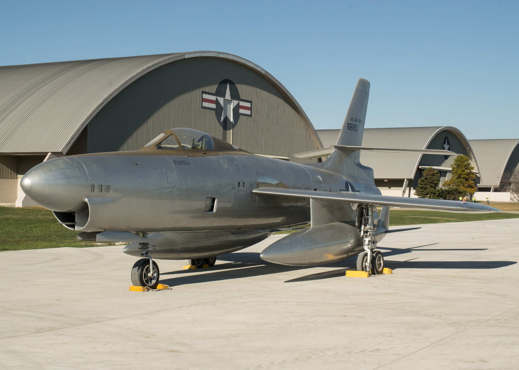 Restoration staff move the Republic XF-91 Thunderceptor into the new fourth building at the National Museum of the U.S. Air Force on Oct. 8, 2015. (U.S. Air Force photo by Ken LaRock)