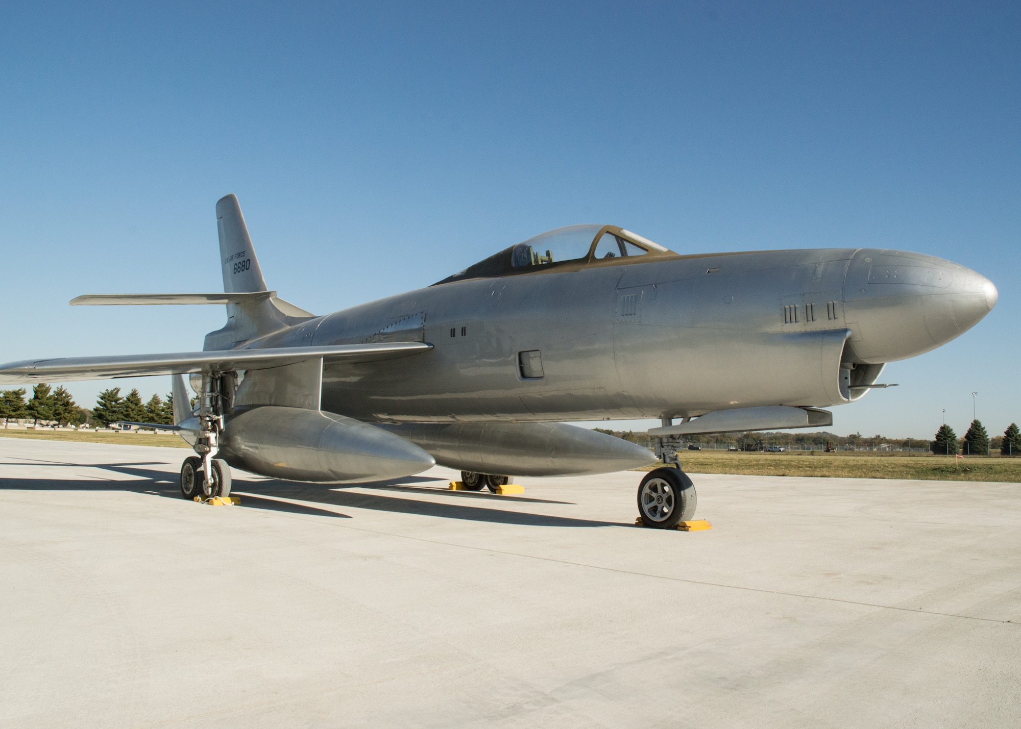 Restoration staff move the Republic XF-91 Thunderceptor into the new fourth building at the National Museum of the U.S. Air Force on Oct. 8, 2015. (U.S. Air Force photo by Ken LaRock)