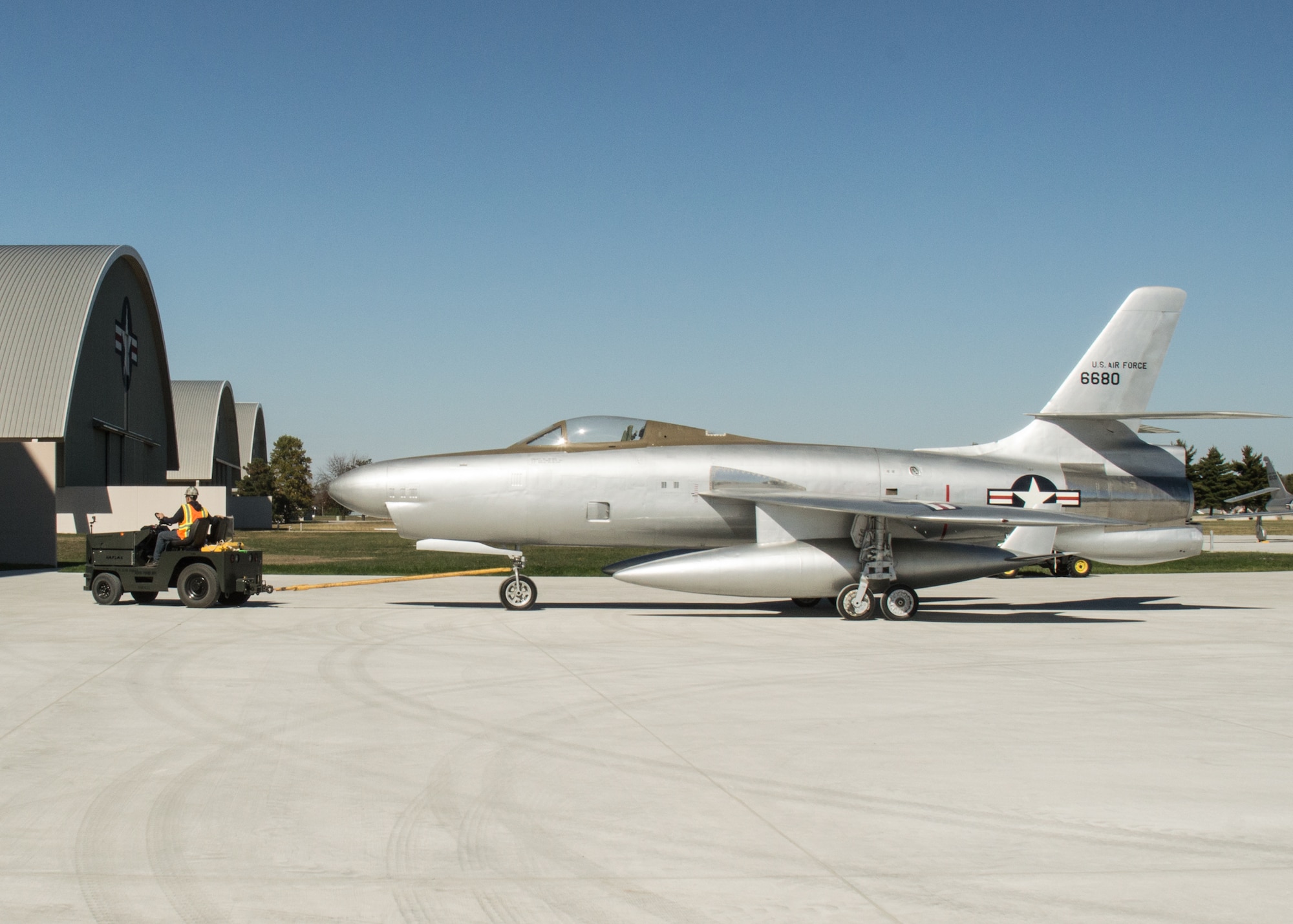 Restoration staff move the Republic XF-91 Thunderceptor into the new fourth building at the National Museum of the U.S. Air Force on Oct. 8, 2015. (U.S. Air Force photo by Ken LaRock)