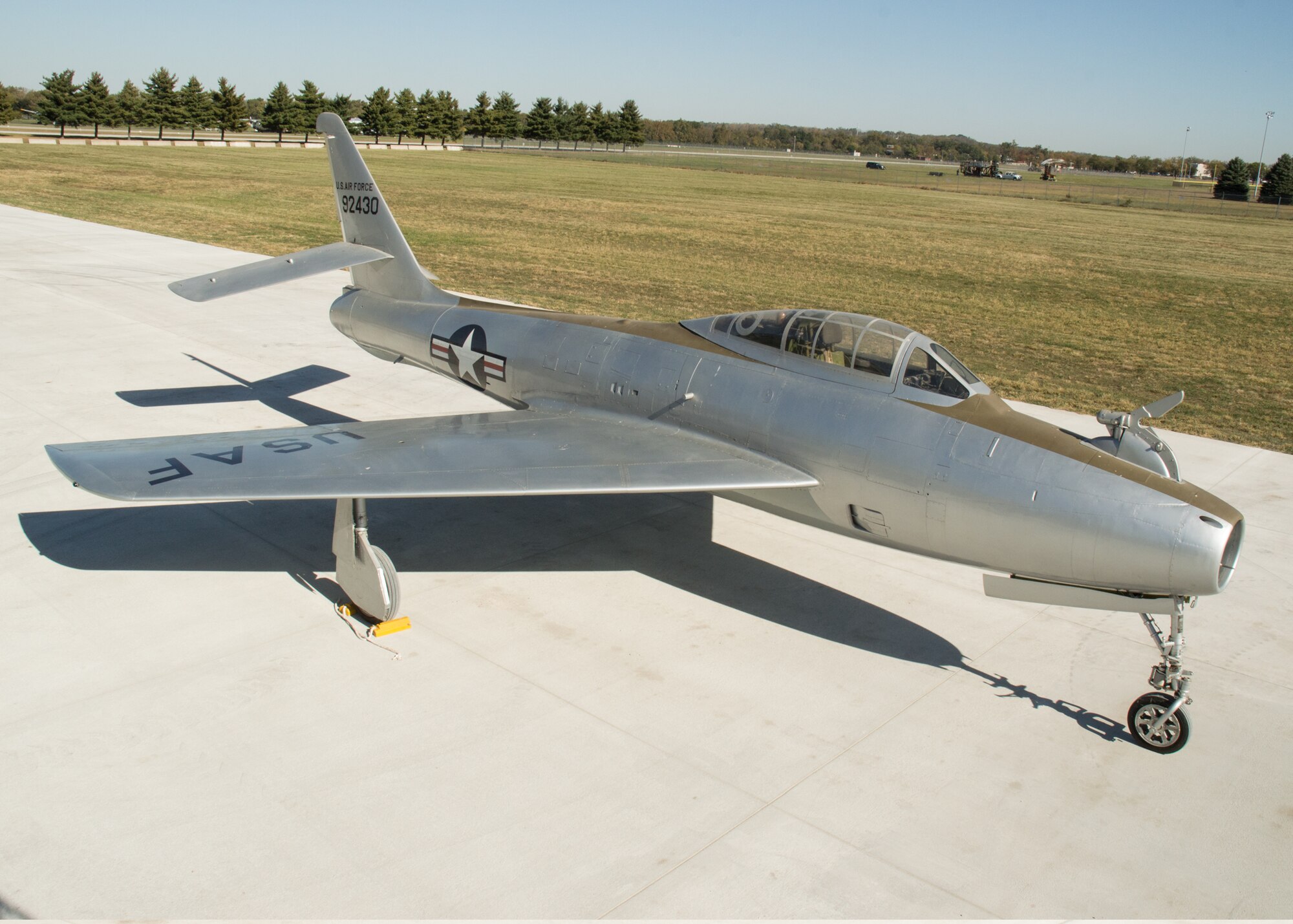 Restoration staff move the Republic YRF-84F Ficon into the new fourth building at the National Museum of the U.S. Air Force on Oct. 8, 2015. (U.S. Air Force photo by Ken LaRock)