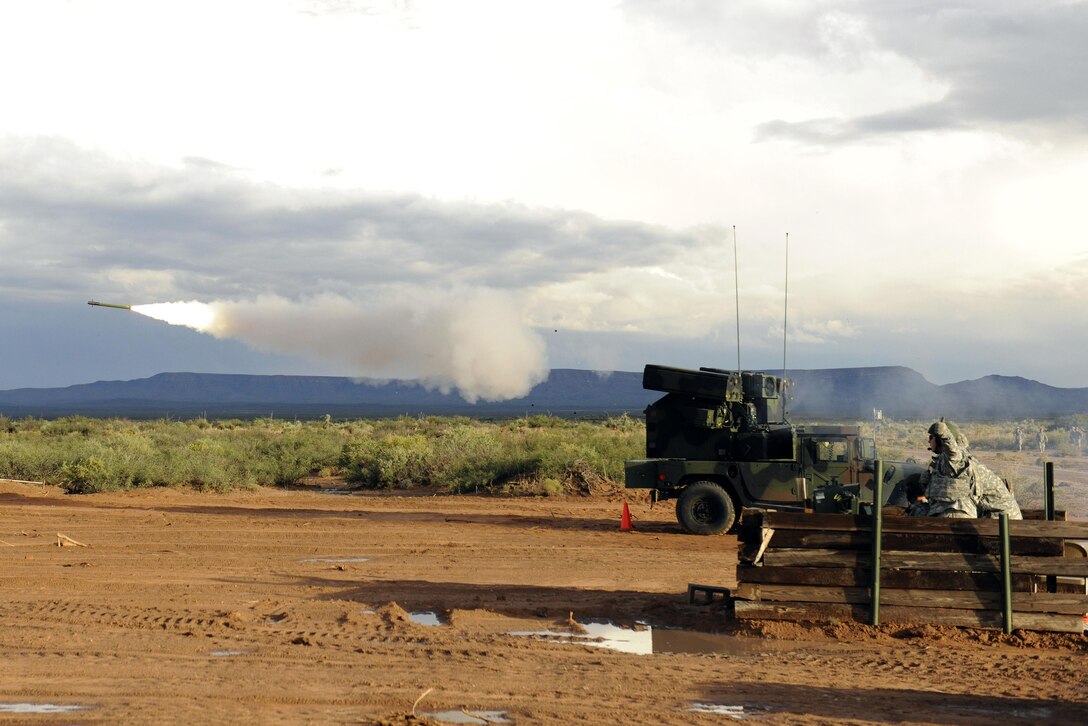 Mississippi Army National Guardsmen fire a Stinger missile at a drone during a live-fire exercise on Fort Bliss, Texas, Oct. 7, 2015. Mississippi Army National Guard photo by Maj. Andy Thaggard