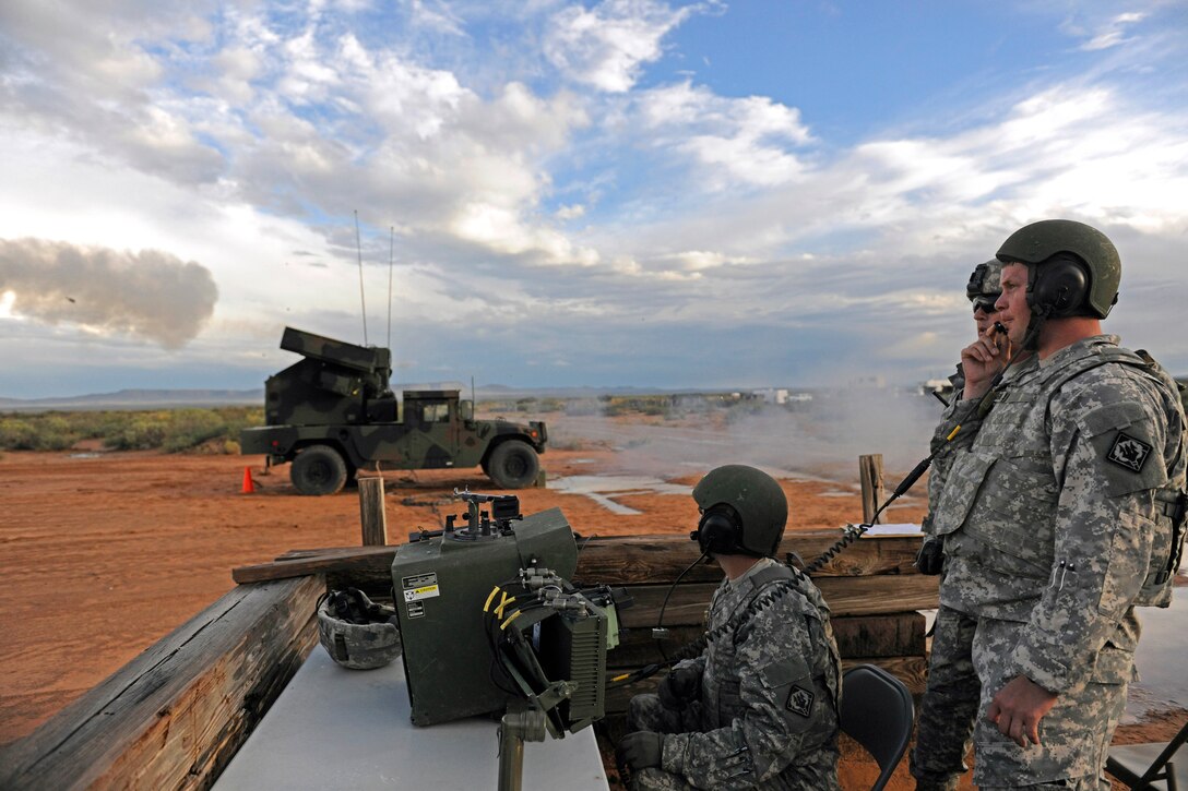 Mississippi Army National Guardsmen fire a Stinger missile at a drone during a live-fire exercise on Fort Bliss, Texas, Oct. 7, 2015. Mississippi Army National Guard photo by Maj. Andy Thaggard