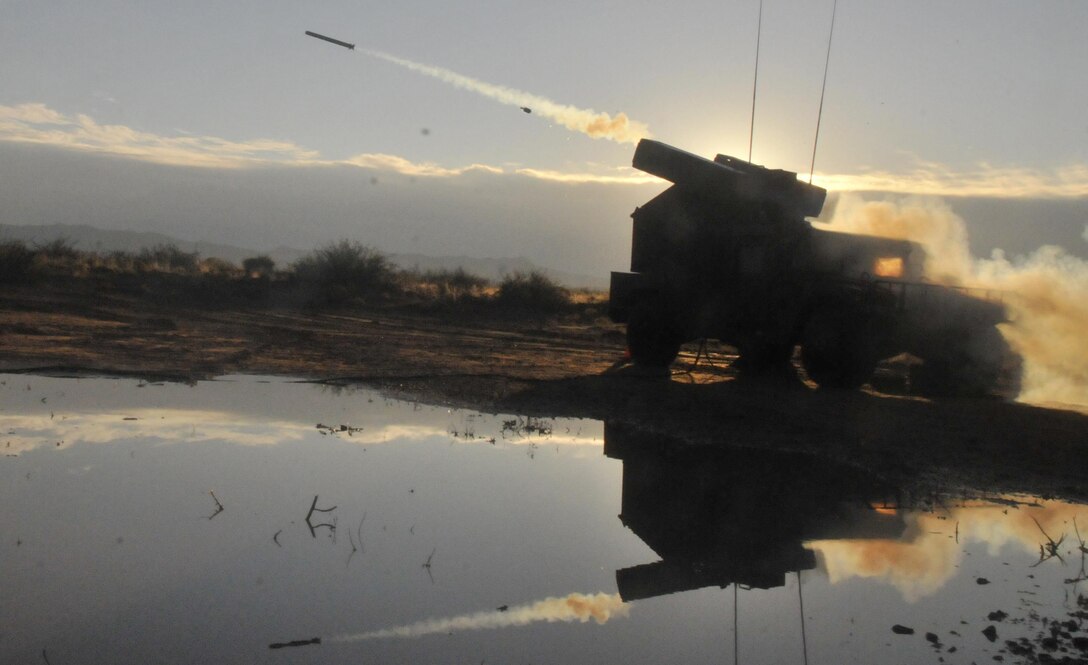 Mississippi Army National Guardsmen fire a Stinger missile from an Avenger vehicle at a drone during a live-fire exercise on Fort Bliss, Texas, Oct. 7, 2015. Mississippi Army National Guard photo by Staff Sgt. Shane Hamann