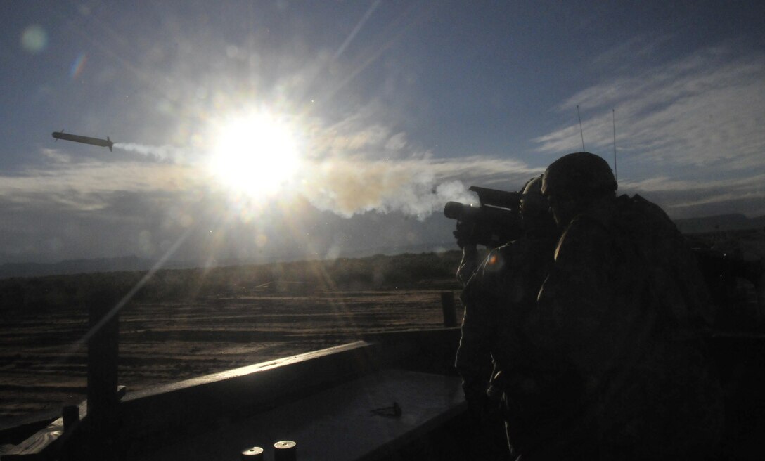 Mississippi Army National Guard Spc. Gregory D. Poindexter shoulder fires a Stinger ground-to-air missile during a live-fire exercise on Fort Bliss, Texas, Oct. 7, 2015. Poindexter is an avenger gunner assigned to 1st Battalion, 204th Air Defense Artillery Regiment. Mississippi Army National Guard photo by Staff Sgt. Shane Hamann