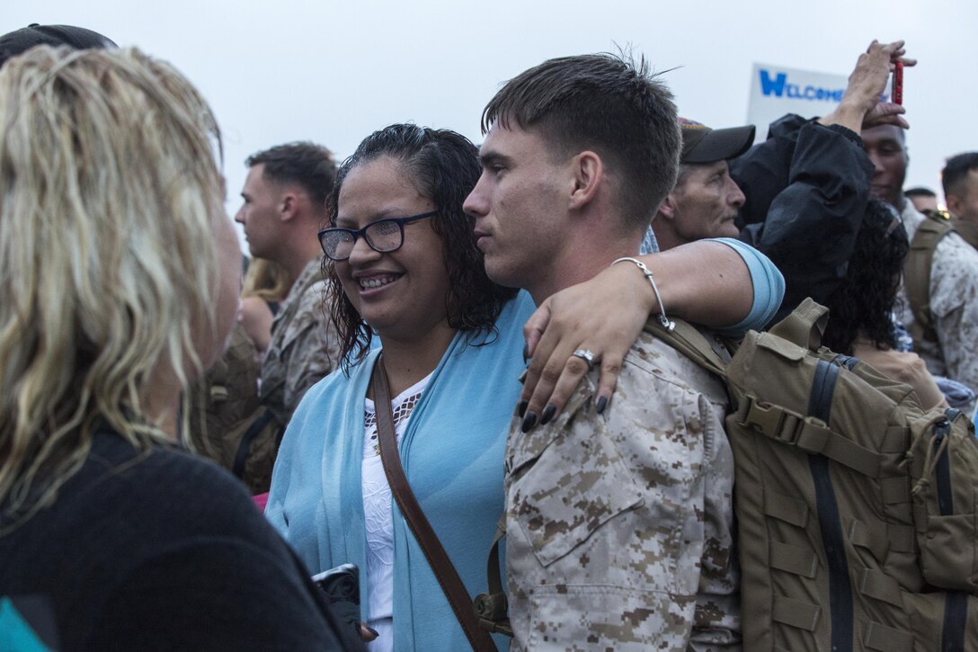 Marines with Marine Fighter Attack Squadron (VMFA) 232 return from a six-month deployment aboard Marine Corps Air Station Miramar, Calif., Oct. 16. Fellow service members, friends and family members greeted the Marines and Sailors on the flight line of MCAS Miramar. (U.S. Marine Corps photo by Sgt. Lillian Stephens/Released)