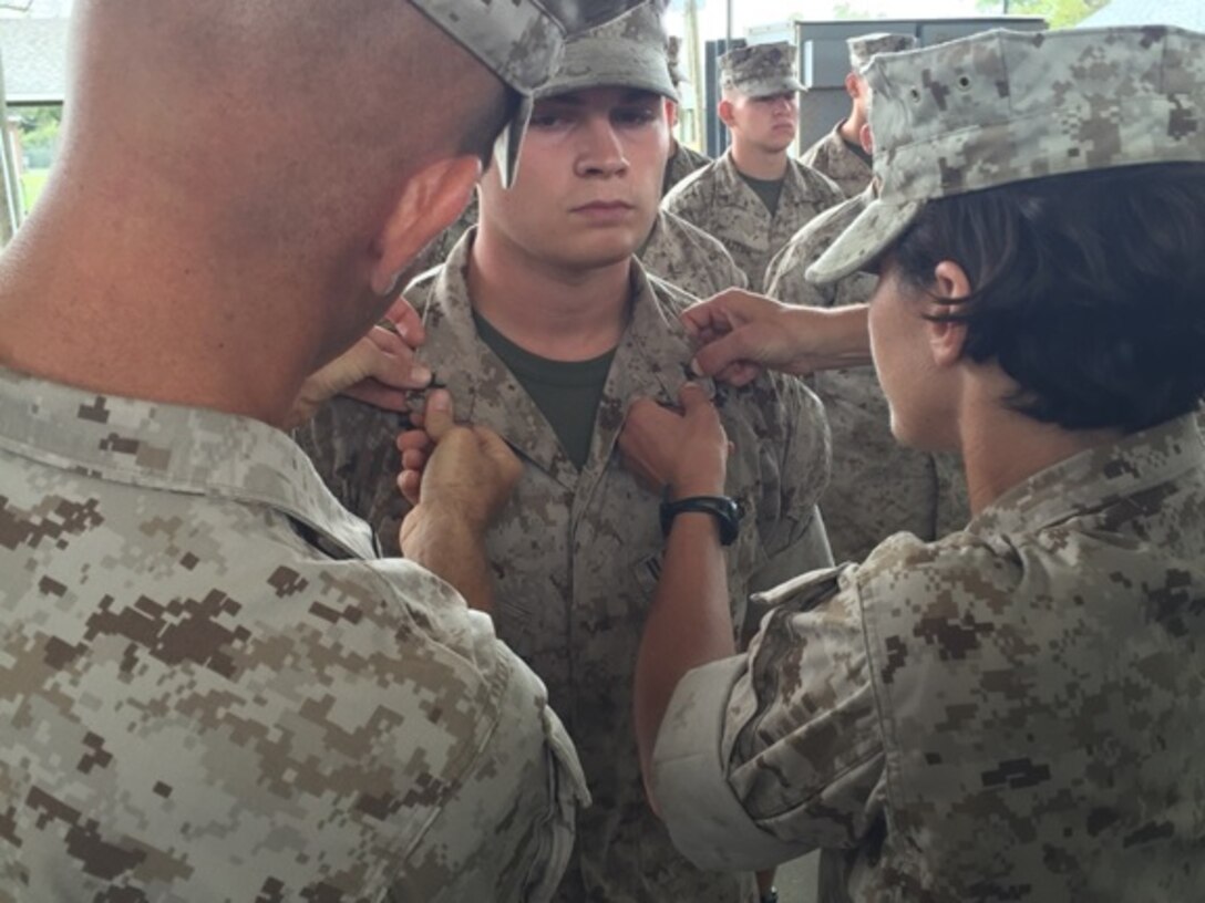 On October 1, 2015 Cecil Trenton, a student with Basic Engineer Equipment Electrical Systems Technician 1-16 (BEEEST 1-16) is promoted to the rank of Private First Class (PFC) at Marine Corps Engineer School aboard Camp Lejeune, N.C.

