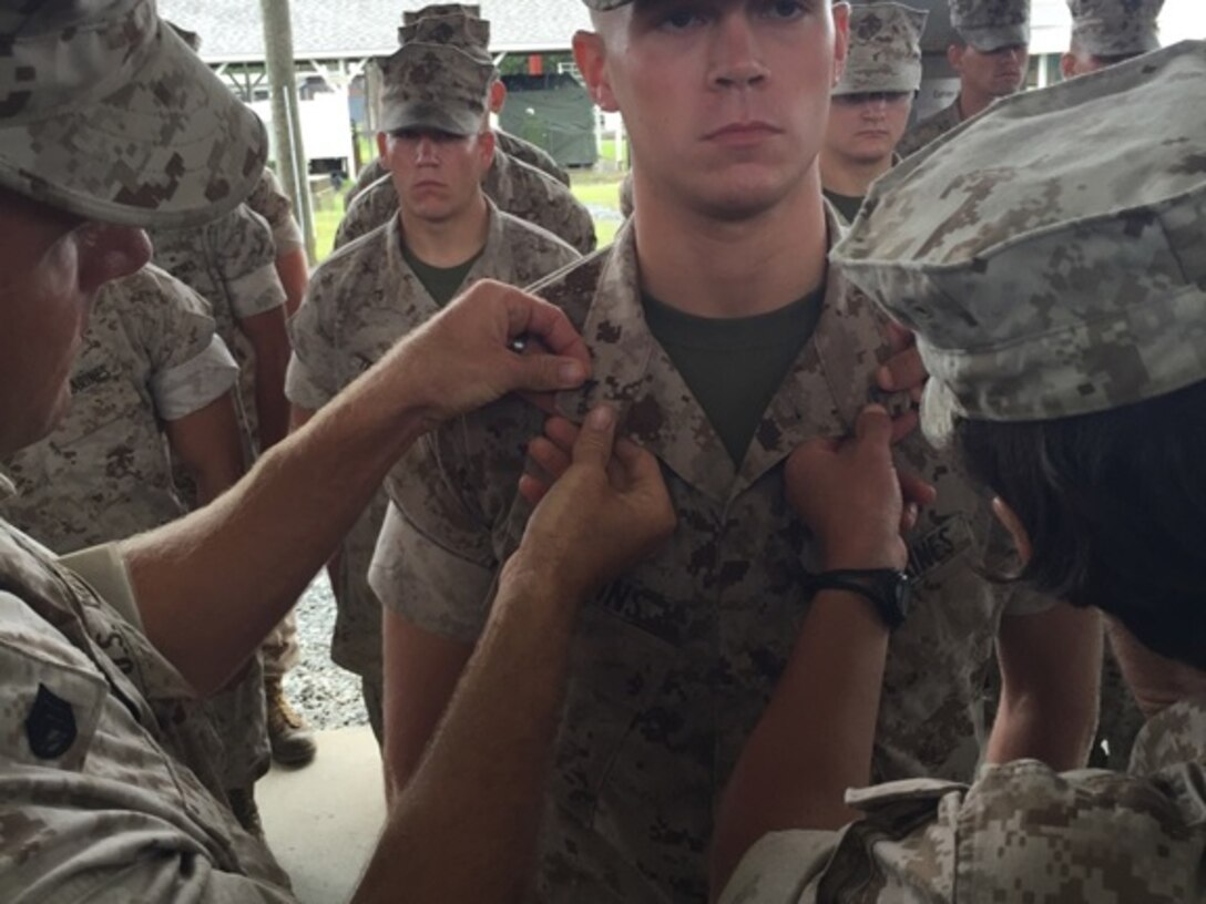 On October 1,2015 Kaleb Huggings, a student with Basic Engineer Equipment Electrical Systems Technician 1-16 (BEEEST 1-16); is promoted to the rank of Private First Class at Marine Corps Engineer School, Camp Lejeune, N.C.


