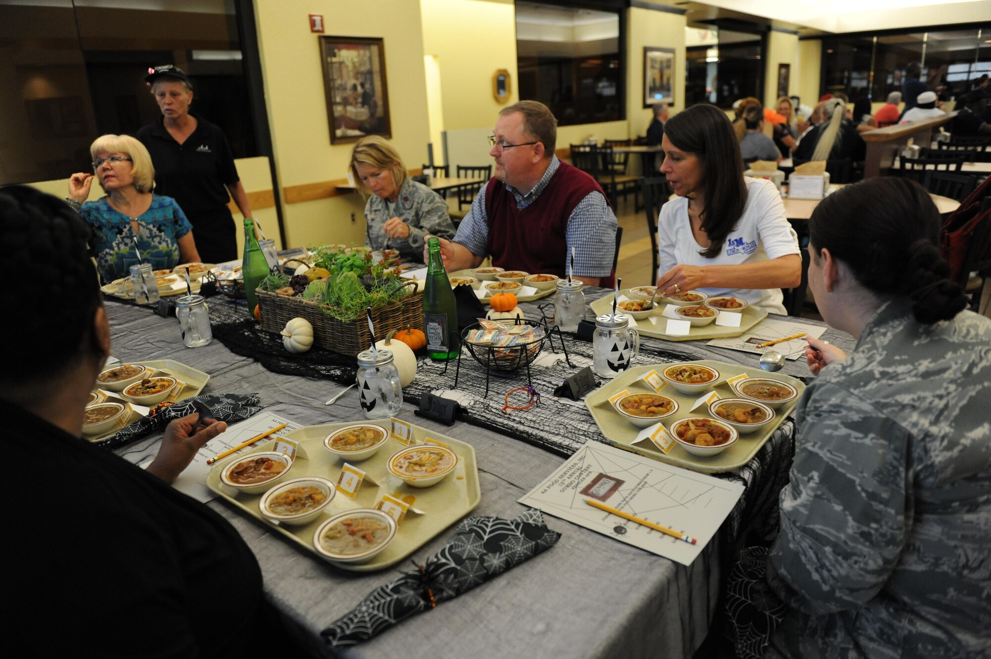 Keesler personnel and local business representatives serve as judges during the 13th Annual Gumbo Contest at the Live Oak Dining Facility Oct. 15, 2015, Keesler Air Force Base, Miss. Hosted by the 81st Force Support Squadron and AA Food Service, the contest ended with a tie between the Azalea and Live Oak Dining Facilities. (U.S. Air Force photo by Kemberly Groue)