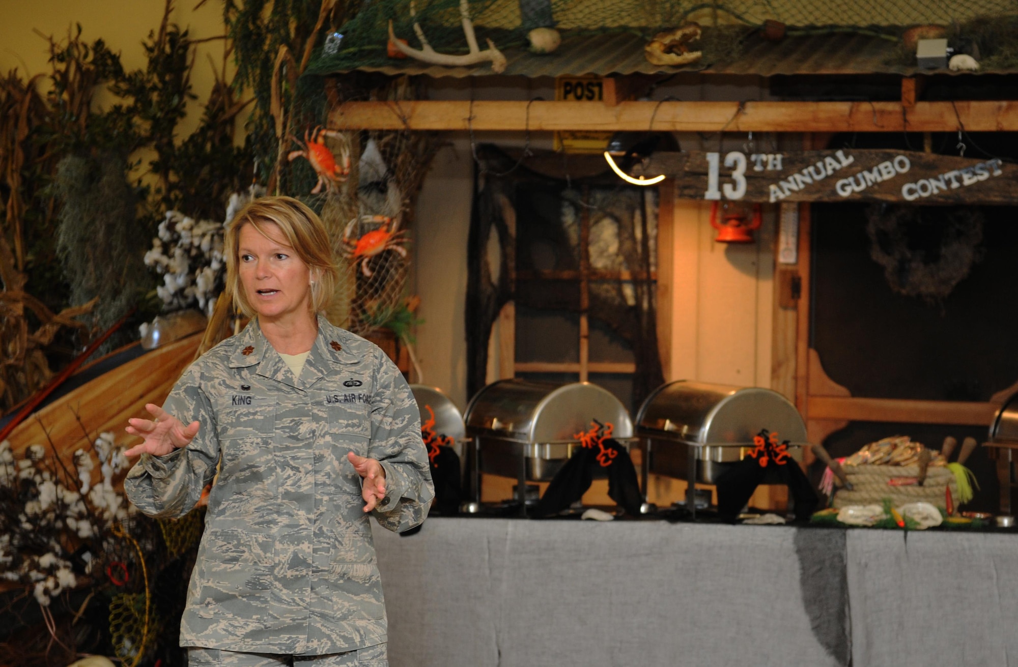 Maj. Teresa King, 81st Force Support Squadron commander, delivers remarks during the 13th Annual Gumbo Contest at the Live Oak Dining Facility Oct. 15, 2015, Keesler Air Force Base, Miss. Hosted by the 81st FSS and AA Food Service, the contest ended with a tie between the Azalea and Live Oak Dining Facilities. (U.S. Air Force photo by Kemberly Groue)