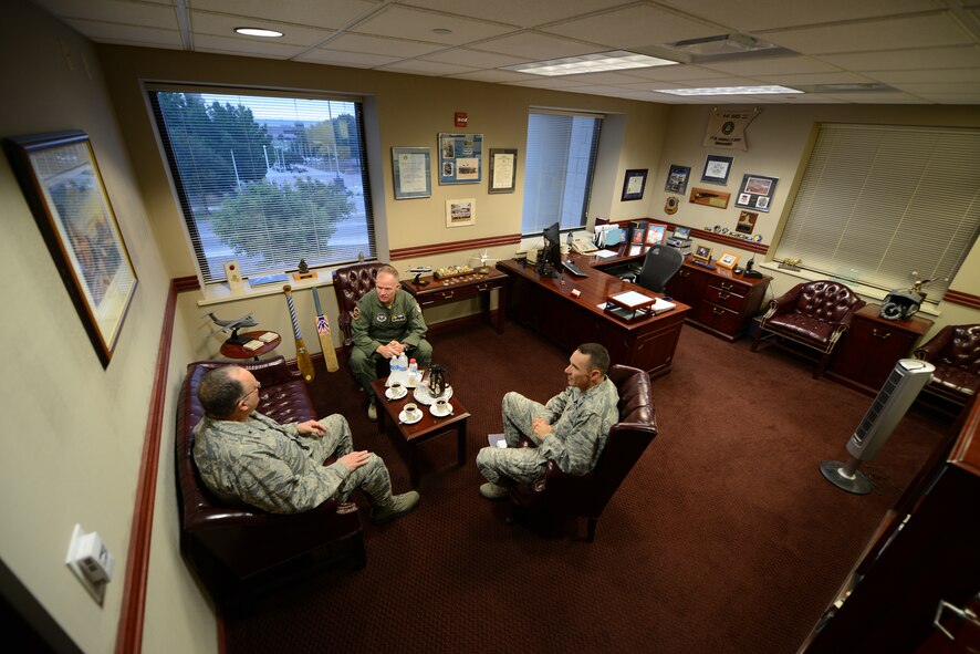 From left, Brig. Gen. (Dr.) Lee E. Payne, Air Force Medical Operations Agency commander, Col. Darrell Judy, 47th Flying Training Wing vice commander, and Col. Mike Patronis, 47th Medical Group commander, conduct an office call on Laughlin Air Force Base, Texas, Oct. 15, 2015. Laughlin Air Force Base hosted the commander of AFMOA to provide an in-depth look into its mission and to offer an opportunity to interact with the Airmen of the 47th Medical Group Oct. 14-15. (U.S. Air Force photo by Tech Sgt. Steven R. Doty)(Released)