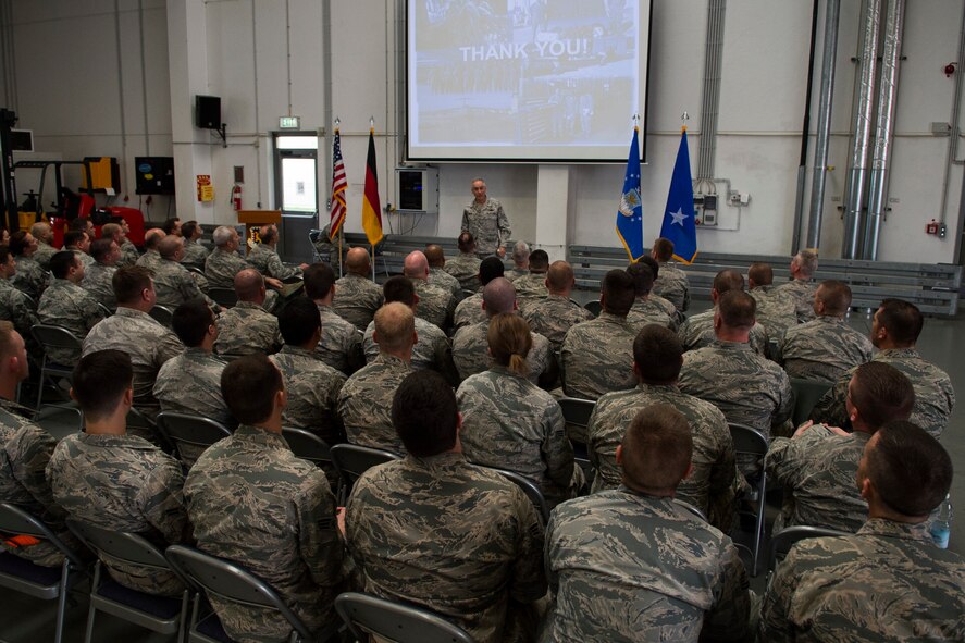 U.S. Air Force Maj. Gen. Frederick Martin,USAF Expeditionary Center commander, speaks to members of the 52nd Fighter Wing during a 726th Air Mobility Squadron all call at Spangdahlem Air Base, Germany, Oct. 14, 2015. Martin discussed future changes Airmen can anticipate and also answered any questions Airmen presented. (U.S. Air Force photo by Airman 1st Class Luke Kitterman/Released) 