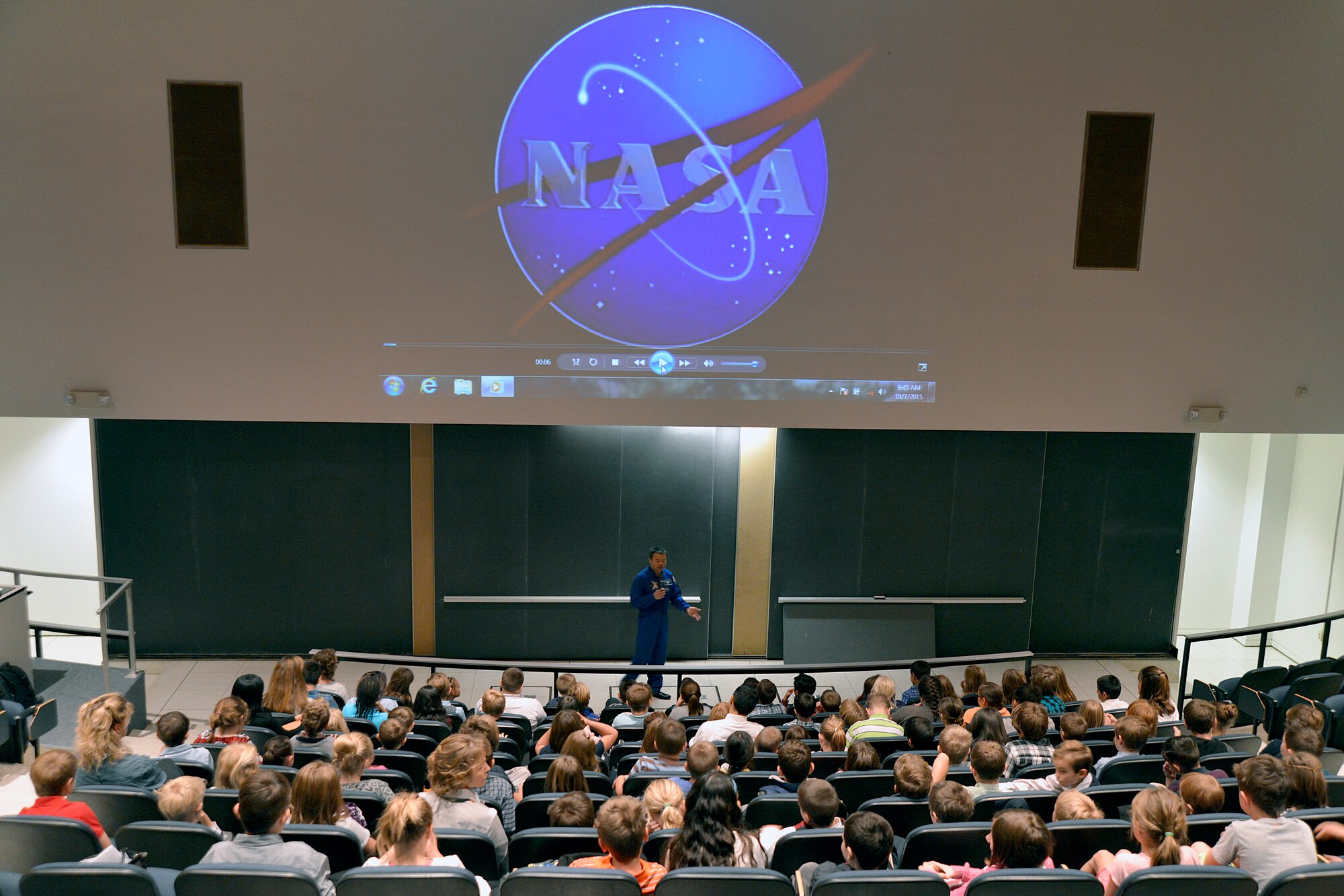 Former International Space Station commander and astronaut Dr. Leroy Chiao takes questions from children attending the Audience with an Astronaut event here Oct. 7, 2015. (U.S. Air Force photo/Jason Gutierrez)
