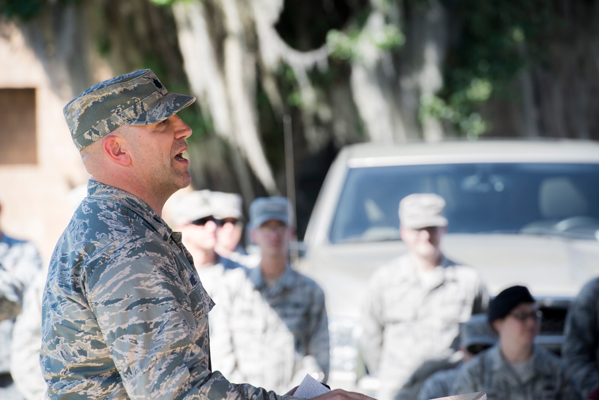 U.S. Air Force Lt. Col. Jeffery Rowsey, 824th Base Defense Squadron, briefs Airmen and their families on their upcoming deployment, Oct. 16, 2015, at Moody Air Force Base, Ga. The 824th Base Defense Squadron provides fully-integrated, highly capable and responsive forces to protect Expeditionary Air Forces. (U.S. Air Force photo/Senior Airman Ryan Callaghan/Released)