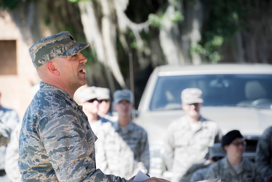 U.S. Air Force Lt. Col. Jeffery Rowsey, 824th Base Defense Squadron, briefs Airmen and their families on their upcoming deployment, Oct. 16, 2015, at Moody Air Force Base, Ga. The 824th Base Defense Squadron provides fully-integrated, highly capable and responsive forces to protect Expeditionary Air Forces. (U.S. Air Force photo/Senior Airman Ryan Callaghan/Released)
