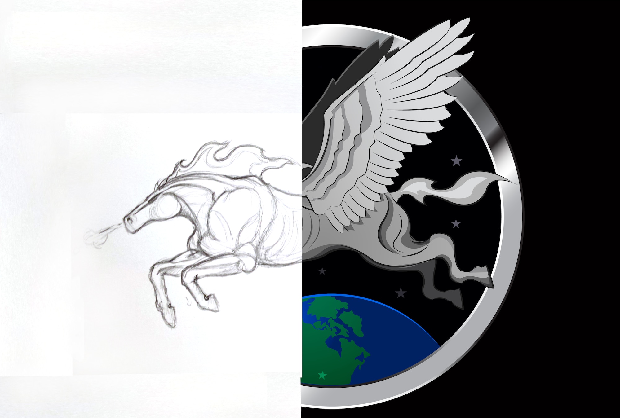 Digital rendering from a sketch of a Pegasus stems from the aircraft’s geographical lineage where it moved from Eielson Air Force Base, Alaska, to Offutt in 1992. The Pegasus is a symbol of flying muscle and power and this is the second approved piece of nose art.   (U.S. Air Force photo Illustration by Josh Plueger/Released)