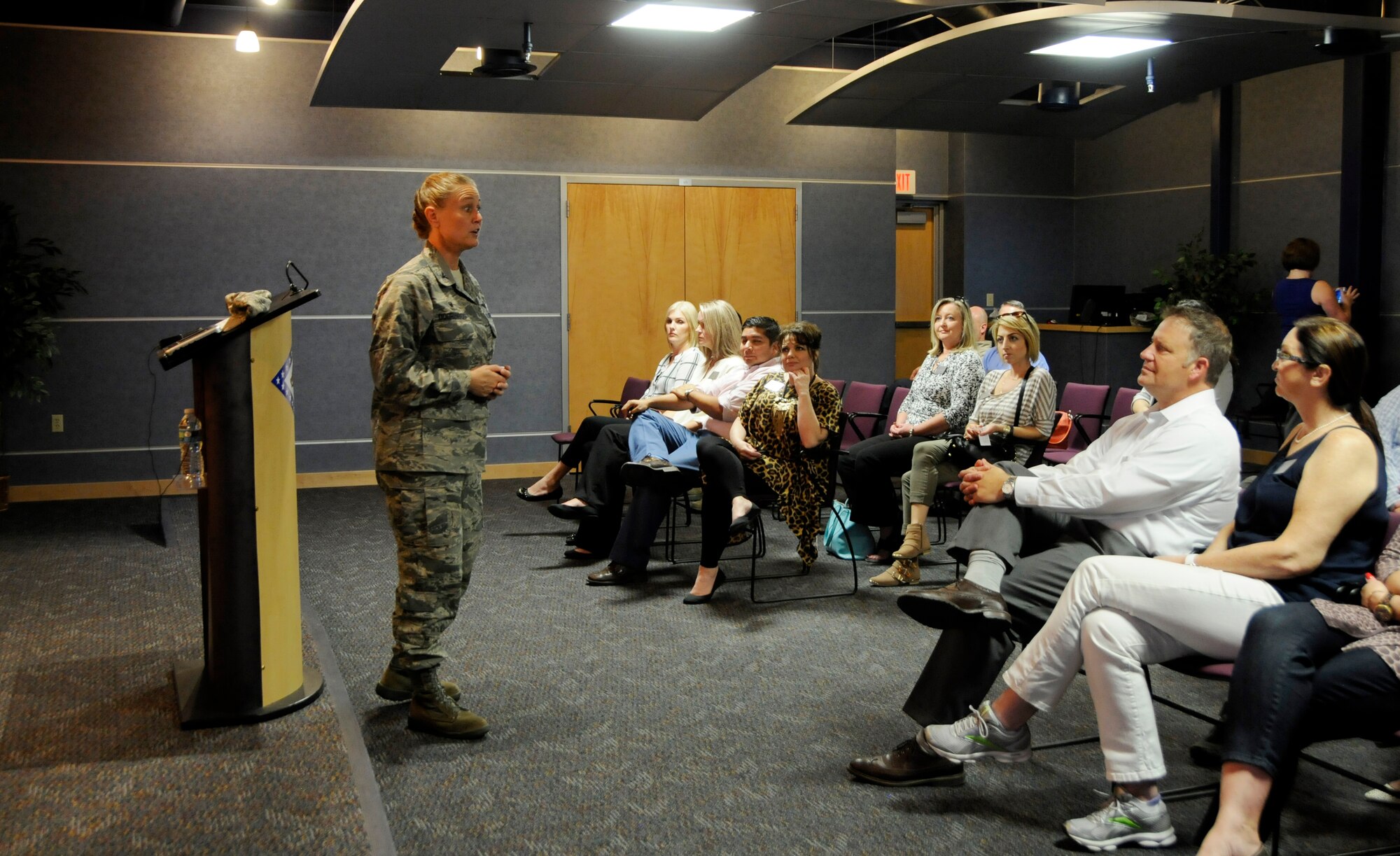 Col. Bobbi Doorenbos, 188th Wing commander, speaks to members of Leadership Fort Smith at Ebbing Air National Guard Base, Ark., Oct. 8, 2015.  Leadership Fort Smith received an overview of the 188th’s current capabilities, a tour of the new facilities and the remote air, zonal operations, reach back-processing assessment and dissemination (RAZORPAD) as well as the predator reaper integrated mission equipment (PRIME) trainer.  Events like this build and foster a positive working relationship with the city of Fort Smith and the surrounding communities, while keeping them informed of how we serve them. (U.S. Air National Guard photo by Staff Sgt. Hannah Dickerson/Released)