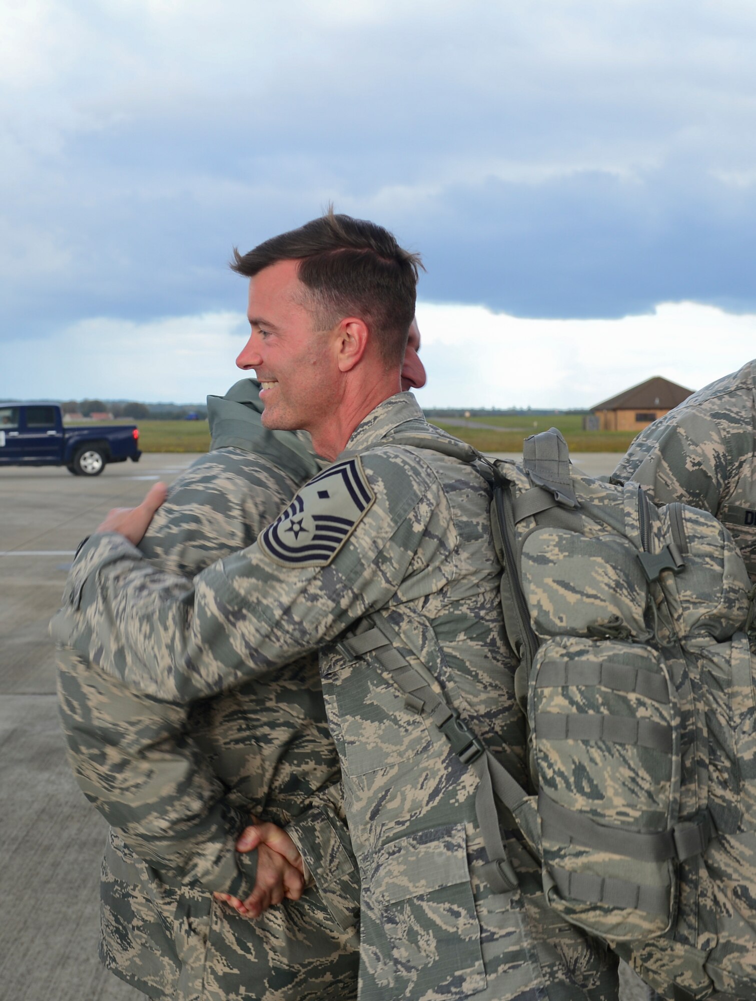 Wing leadership welcome home the pilots, weapon systems officers, maintainers and support personnel of the 494th Fighter Squadron and Aircraft Maintenance Unit at Royal Air Force Lakenheath, England, Oct. 14, 2015. While deployed, the Panthers flew 1,651 sorties and dropped more than 1,700 bombs in support of U.S. Central Command operations. (U.S. Air Force photo by Senior Airman Nigel Sandridge/Released)