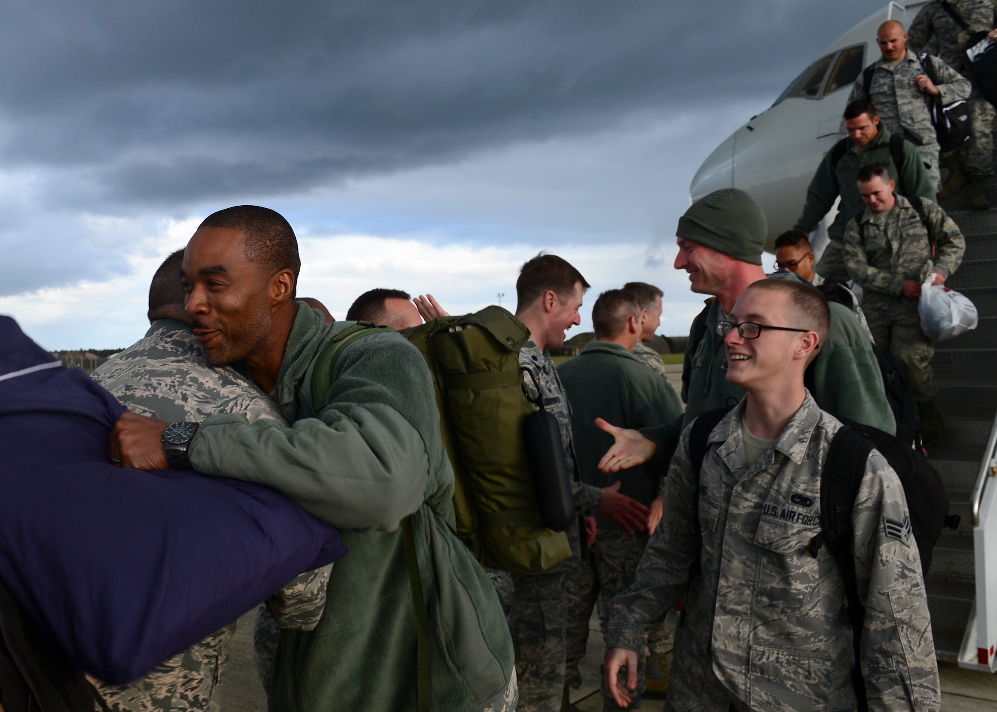 Wing leadership welcome home the pilots, weapon systems officers, maintainers and support personnel of the 494th Fighter Squadron and Aircraft Maintenance Unit at Royal Air Force Lakenheath, England, Oct. 14, 2015. While deployed, the Panthers flew 1,651 sorties and dropped more than 1,700 bombs in support of U.S. Central Command operations. (U.S. Air Force photo by Senior Airman Nigel Sandridge/Released)