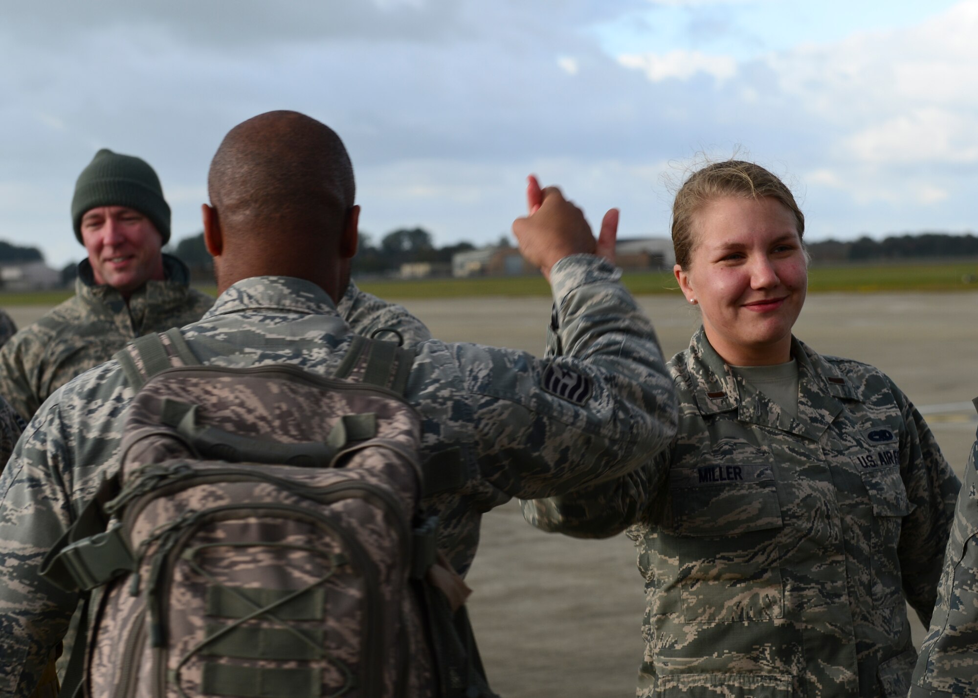 Wing leadership welcome home the pilots, weapon systems officers, maintainers and support personnel of the 494th Fighter Squadron and Aircraft Maintenance Unit at Royal Air Force Lakenheath, England, Oct. 14, 2015. While deployed, the Panthers flew 1,651 sorties and dropped more than 1,700 bombs in support of U.S. Central Command operations. (U.S. Air Force photo by Senior Airman Nigel Sandridge/Released)